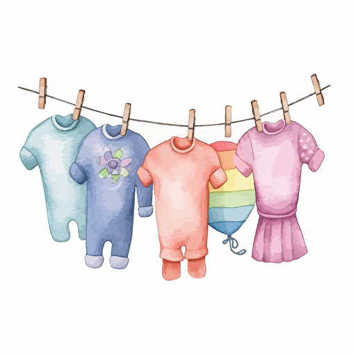 cute whimsical watercolor design of baby clothes hanging on clothespin, vector