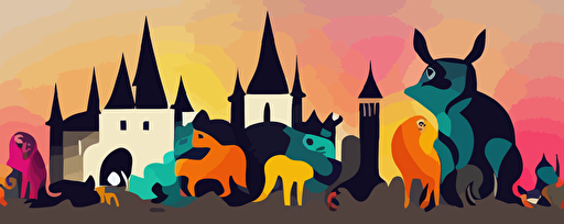 street art, vector, lots of animals in a magical world, castle, detailed, creatures highlight