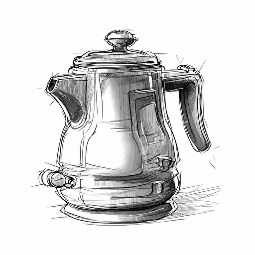 coffee pot, vectorized 2d design, rough sketch, black and white