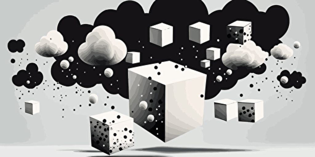 minimalist, vectorized, white and black colors, print layer , delicacy, 6 small white and black cubes with tiny wings flying toward one white cloud in the sky in the distance, boxes are in the same size