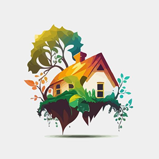 simple logo vector image 3 color, fantasy house with a garden growing directly out of the roof. On white background.
