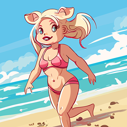 pig, female, baywatch, blonde hair, fun, playful, cartoon, super cute, beach, 2d, vector, flat