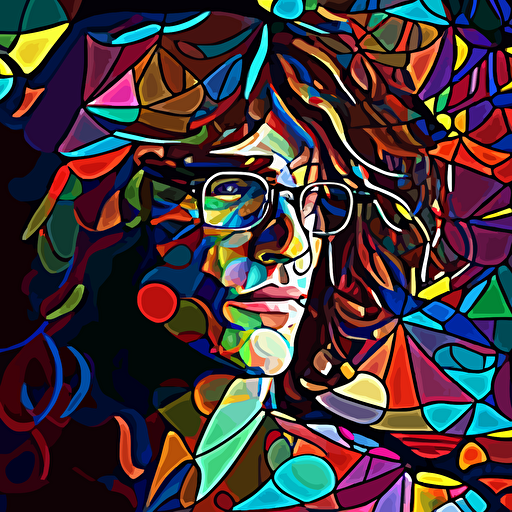 vector, longer than shoulder legnth shaggy wavy hair, wearing glasses, colorful stained glass background