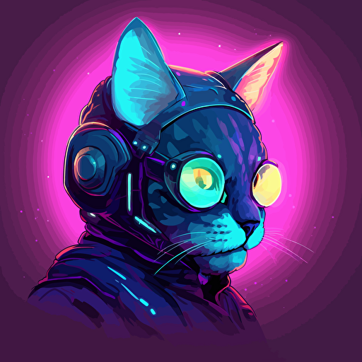 simple, vectors, vector art, space cowboy cat, cyberpunk, neons, pastel lights, simple background, 2d,