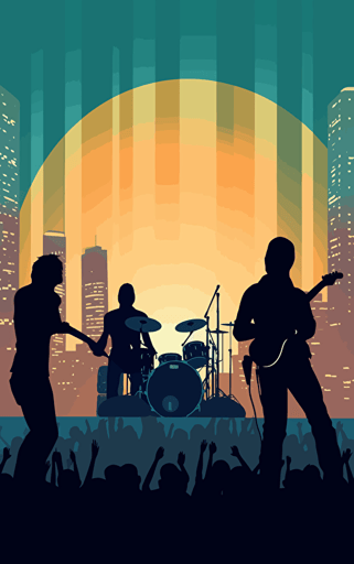 simple vector design, of a band performing on the big stage in teh city
