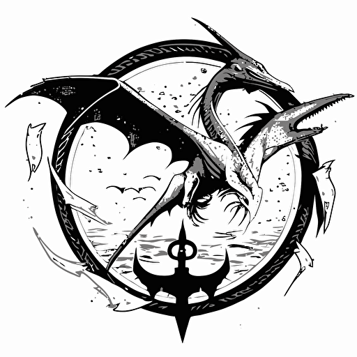 black and white vector drawing of a pterodactyl holding an anchor, logo, circular