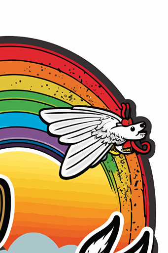 a flying taco with wings with a jack russel terrier riding on top, rainbow arc shooting out, vector art, illustration, cute drawing, sticker