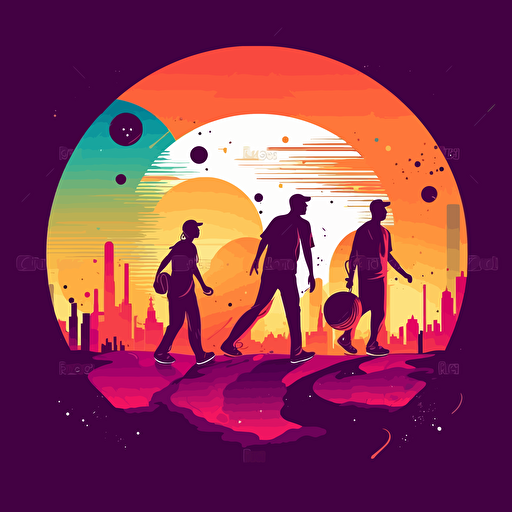 Vector illustration of a baseball planet, with baseball players walking around it, in vivid colors.