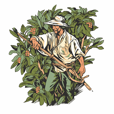 a samurai farmer in a abundant of fruits tropical forest using the machete to prune a tree, permaculture and agroforestry style woodcut watercolor vector clip art