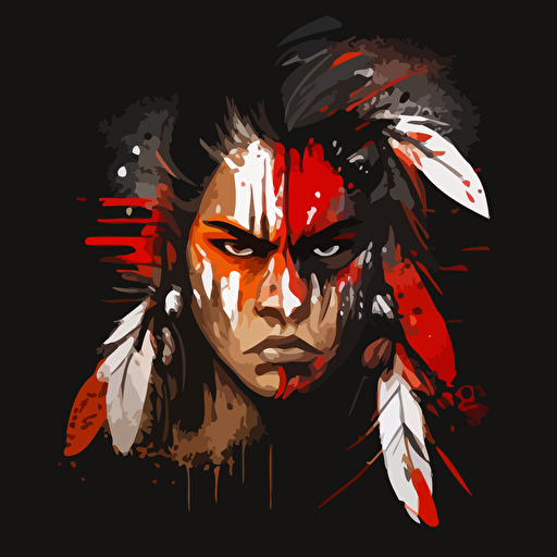 Native American warrior, war cry, with war paint on face, vector, clean design, two feathers in hair, aggressive design