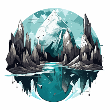 stylized turquoise-color illustration vector fantasy art clean / black and turquoise with white accents on a white background / showing a massive geode landscape with large, reflective faceted organic beautiful pointed crystals, holding a lake under the moon
