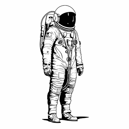 vector image of an astronaut standing looking up, black, white background, minimalist, vector, illustrator, simple, clean, small