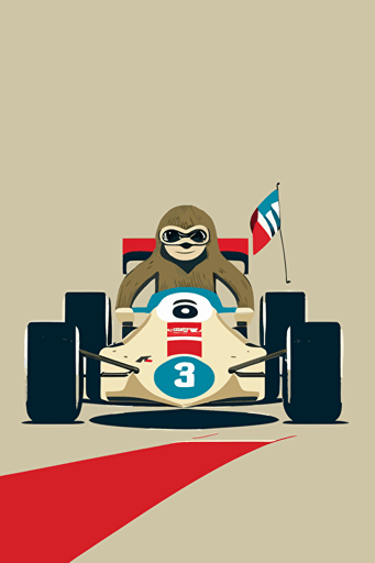 sloth on a F1 formula car, driving fast, minimalistic vector art,
