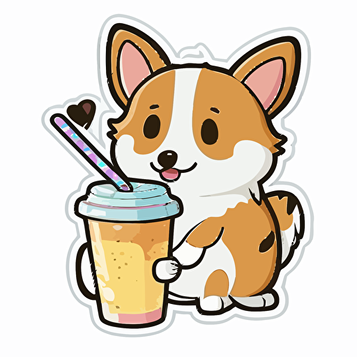 cartoon chibi corgi drinking a smoothie, vectorized, white background, sticker
