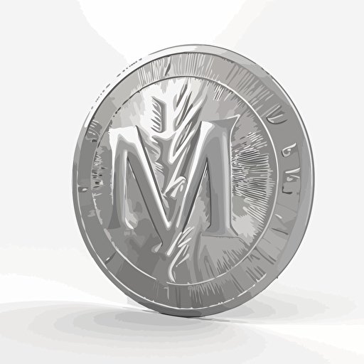 silver coin with magical air hovering vertical M etched in sans serif font as vector for logoo