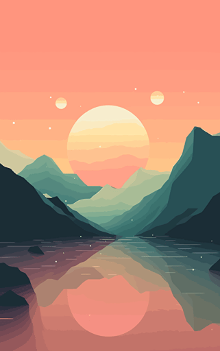 Vector design Minimal Hiroshi Nagai Inspired Clean and minimalistic styleScene depicting a [alien moutain with jupiter and ocean and clear sky][PASTEL and warm color scheme]