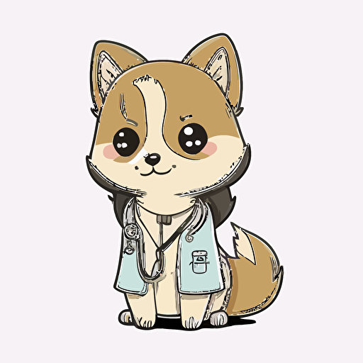 kawaii perro vestido como un doctor, 2d, flat, vector style, contour, white background.