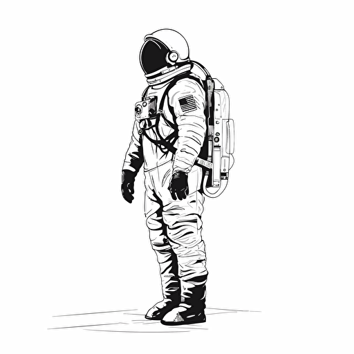 vector image of an astronaut standing looking up, black, white background, minimalist, vector, illustrator, simple, clean, small
