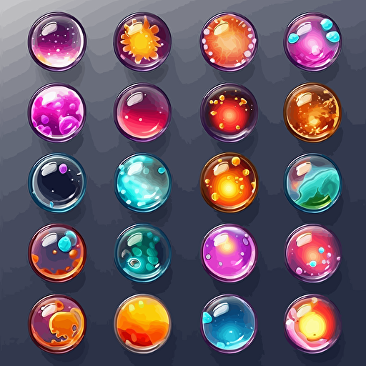 design me a set of 2d vector colorful rounded bubbles for match 3 games, high quality and detail, octane render, artstation, behance