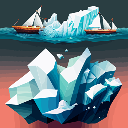 Multiple icebergs, one sinking ship from hitting an iceberg, another ship with a hexagon logo on it, in the ocean, vector image