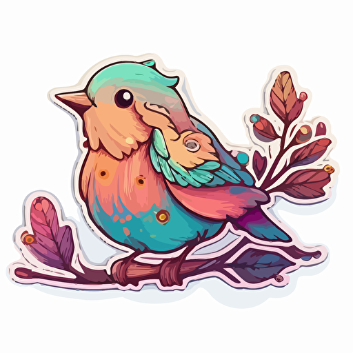 Cotton candy bird, Sticker, Lovely, Warm Colors, Naive Art Style, Contour, Vector, White Background, Detailed