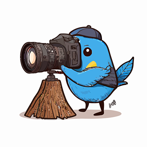 a cute apus apus taking photos with a wooden DSLR on a wooden tripod, vector image, simple, three color, blue, black, white