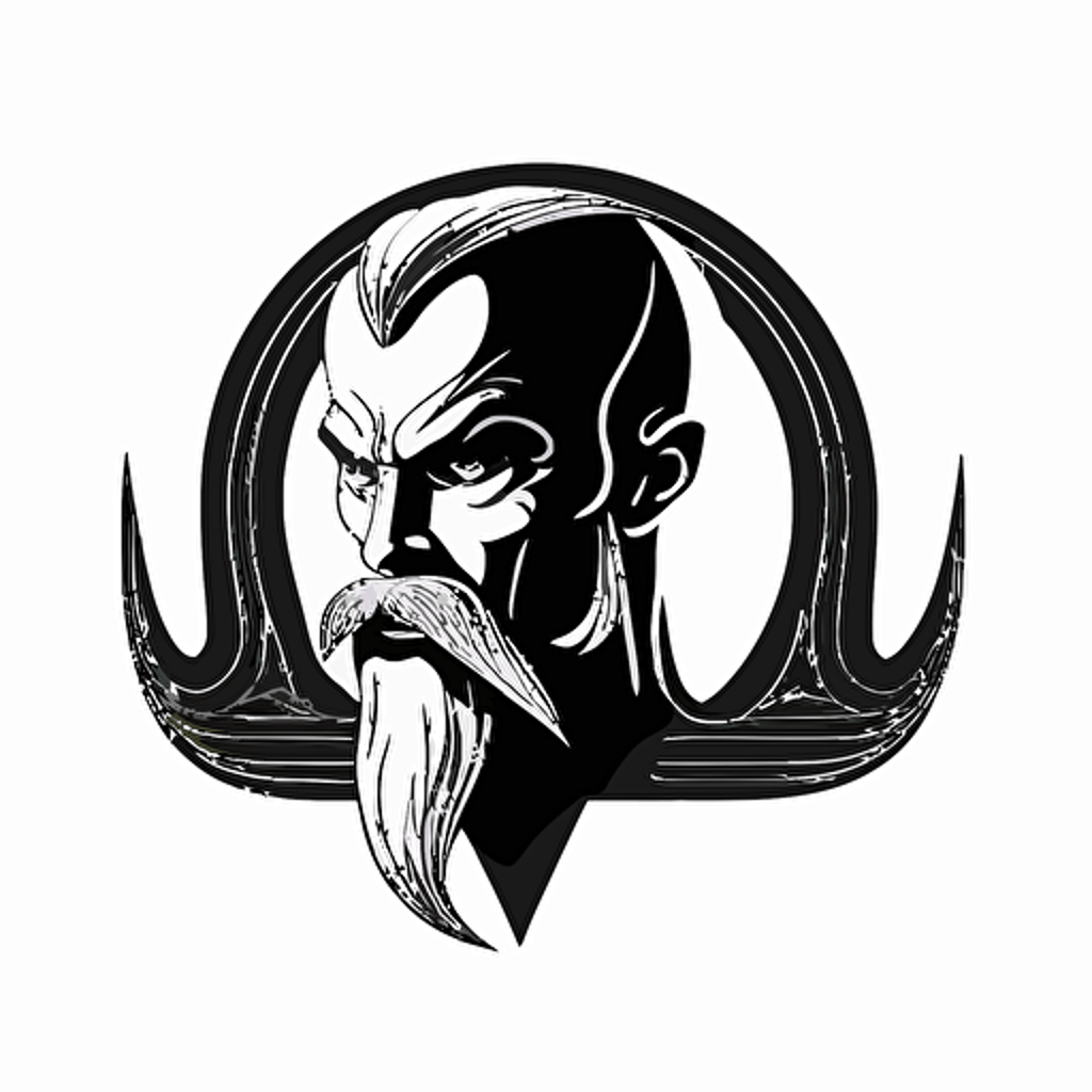 Retro futuristic iconic logo of viking corporate exorcist, big mustache, no hair, bald, black vector, on white background