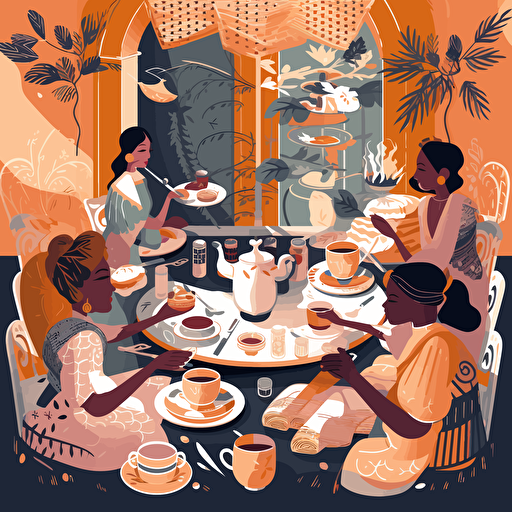 Flat Vector Illustration of Indian Tea Party in a Parisian Table setting, Style of Malika Favre. Use only 3 Colours. Strong Light and Shadow. Style of Maite Franchi