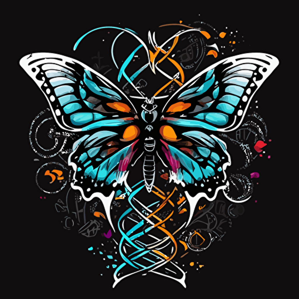 vector art mascot of a bird or butterfly with RNA strands incorporated into the design