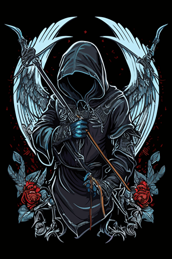 hooded reaper with bow and arrow and wings vector art style moral patch
