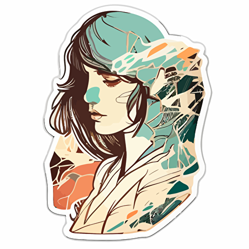 abstract girl, sticker, cute, soft color, geometric, contour, vector, white background, detail