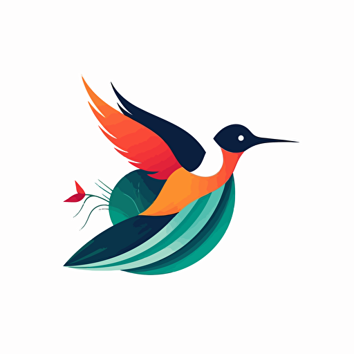 create a modern, minimalist but colourful logo on white background of a flying bird of paradise from papua new guinea in flat vector art style