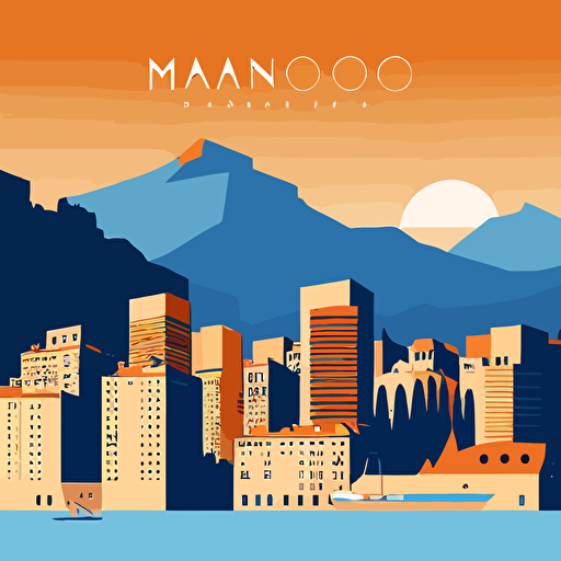 Simple vector image of the Monaco skyline, using only orange and blue colours, simple cartoon style shading, very simple, blue skies, hill, uncluttered, only 4 buildings total