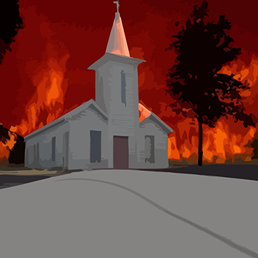 horrifying 3d render homunculi human features charging hill burning small town white wooden church distance bloody wes craven 35 mm film stock