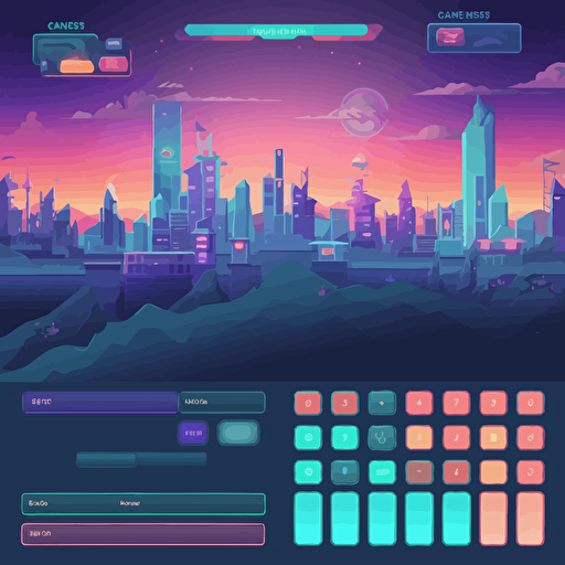 the main menu of a game ui for a infinite side scroller puzzle game with bright colours, light background with a skyline, vector, cartoon style