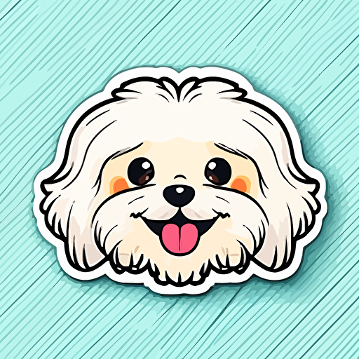 Cute, happy, smiling maltese dog head sticker logo, dog tongue out, chibi style, cartoon, clean, vector, 2d, white background, no accessories, without accessories, no text, without text