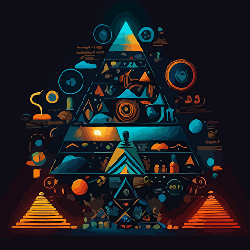 "In the bustling center of digital exchange, a resplendent digital pyramid stands tall, adorned with unique patterns and colors, surrounded by a fluid aura protecting ownership and security, with digits and symbols interwoven into a rotating nebula, symbolizing the vibrancy of NFTs in the world of blockchain transactions. Flat illustration, UI illustration, GUI, Minimalism, dark background, vector, trending on Dribbble, Pinterest.,