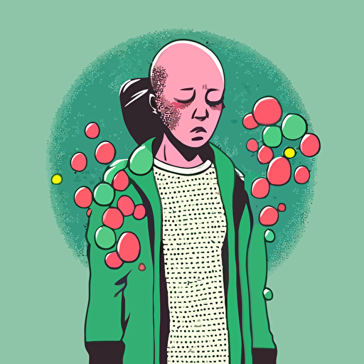 vector,pink,light green, bald girl,holding too many pills in hands,depressed,sad,crying