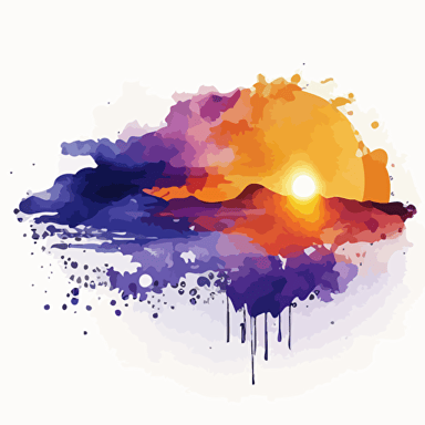 watercolor effect of sunrise over the ocean, dreamy, white background, fading edges, navy, orange and purple, happy, celebration, vector art, refined edges
