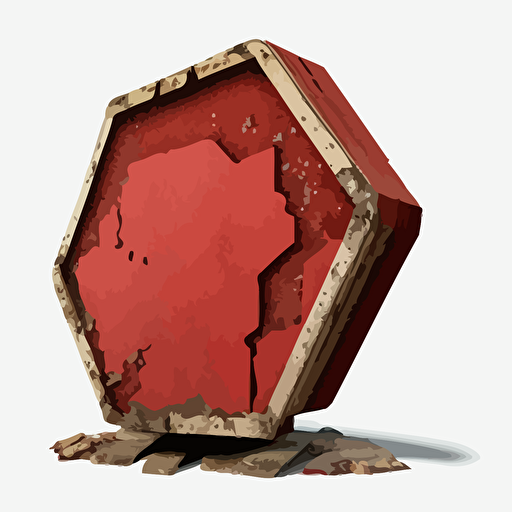 a red octagonal traffic sign, decayed and rotting, freestanding but tilted to the side like it's been hit by something, and then abandoned for years, vector, no background
