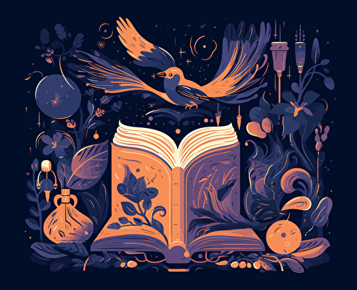 the book store afeebee psd, css, vector, odobe illustrator, png, in the style of free-flowing surrealism, light navy and gold, accurate bird specimens, atmospheric mood, canon af35m, colorful woodcarvings, flat form