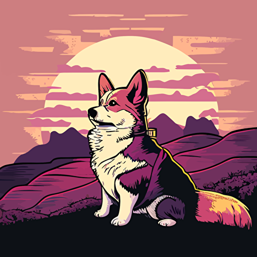 a corgi samurai large pink sunset backdrop in a vector illustration style