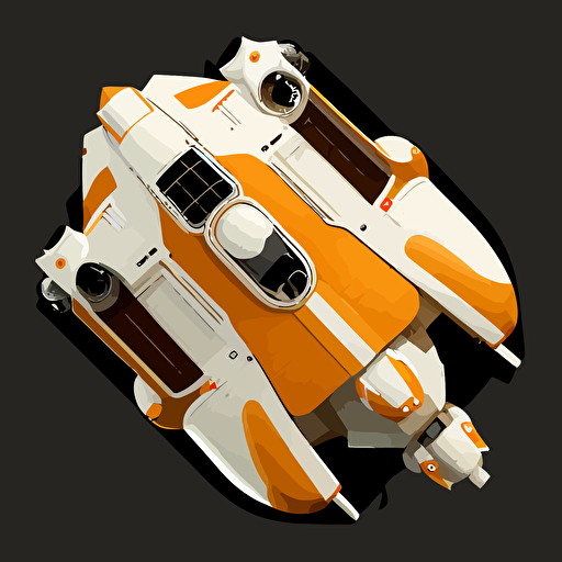 orange and white space ship on black background, top-down view, clean, simple, no shadows, vector