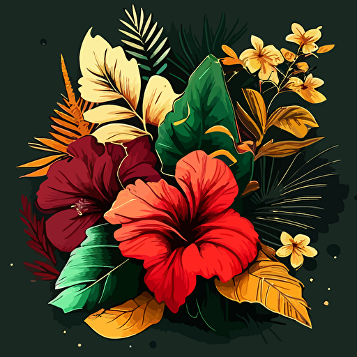 tropical leaves and hibiscous flowers digital art vectorial style