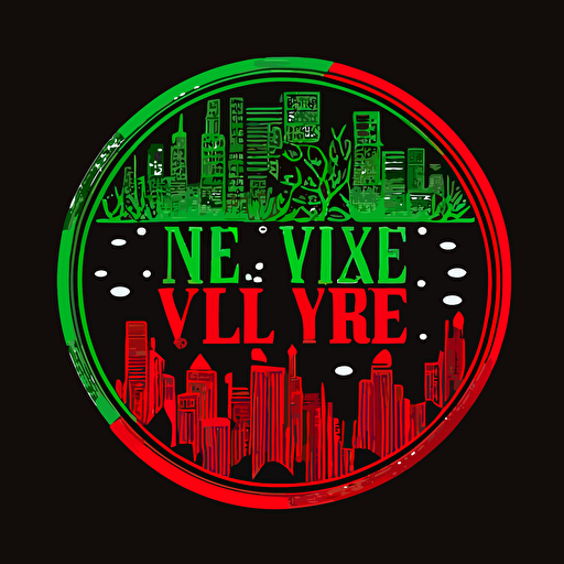 new york city view in a tribe called quest cover style, red and green on black background, vector illustrated simple logo, flat design