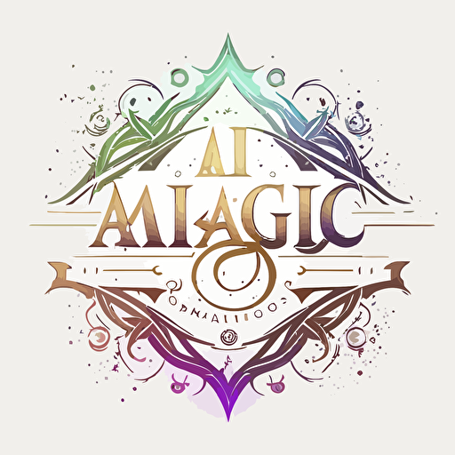 Emblem logo, text is “Ai Magic Guild”, it has a slight nuance of advanced technology, Each piece has been treated with a set of fresh gradient colour combinations, vector, simple, flat, plain,smooth, low detail, minimal, white background