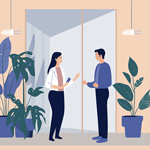 Two people in business casual clothing, talking to each other in an engaging conversation, in an office setting with plants in the background. flat style illustration for business ideas, flat design vector, industrial, light color pallet using a limited color pallet, high resolution, engineering/ construction and design, colored cartoon style, light indigo and light gold, cad( computer aided design) , white background