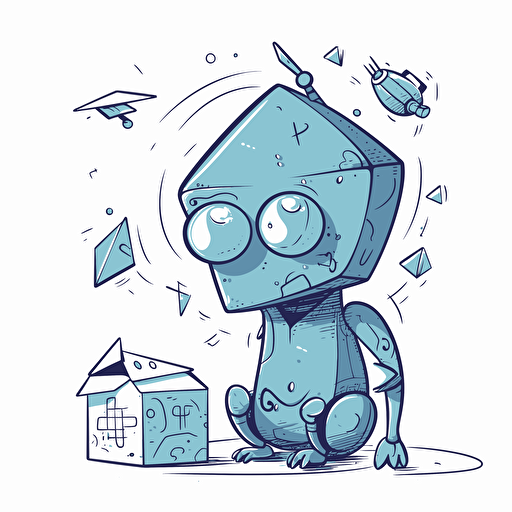 vector doodle minimalist, a thinking bird shaped blue robot thinking within giftboxes