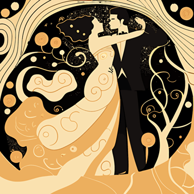 Based on Gustav Klimt's decorative style, design a vector illustration of an elegant ballroom scene with couples dancing together, using simple shapes, patterns, and a golden color palette. Set the scene in the early 20th century.
