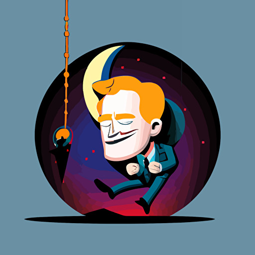 vector cartoon of conan o'brien hanging from a paper moon, exaggerated, vibrant colours, centered, dark background